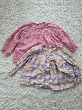 H&M Pink Textured Knit & Pastel Plaid Button-Front Kids Tops - 2-Pack